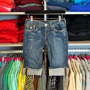 True Religion cuffed blue denim Bermuda shorts size 26
